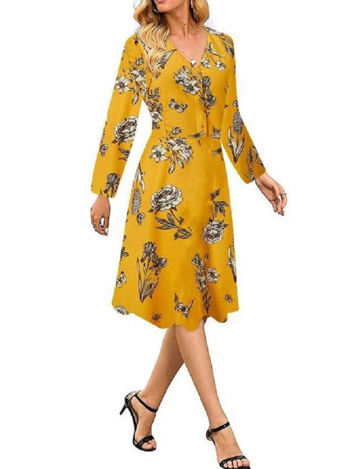 Broken Skirt Slim V-neck Flower Dress | EGEMISS