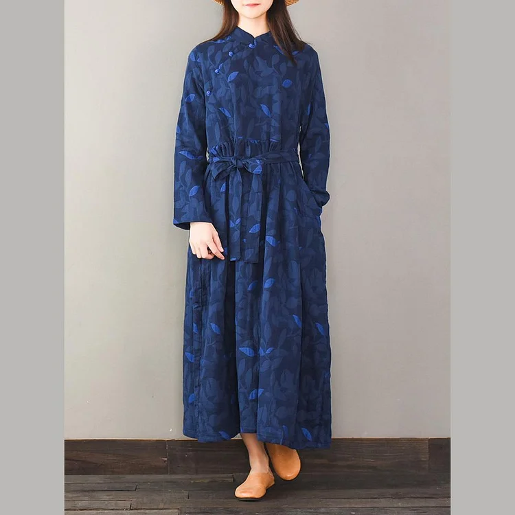 Jacquard cotton tie waist clothes Women Neckline navy loose Dress
