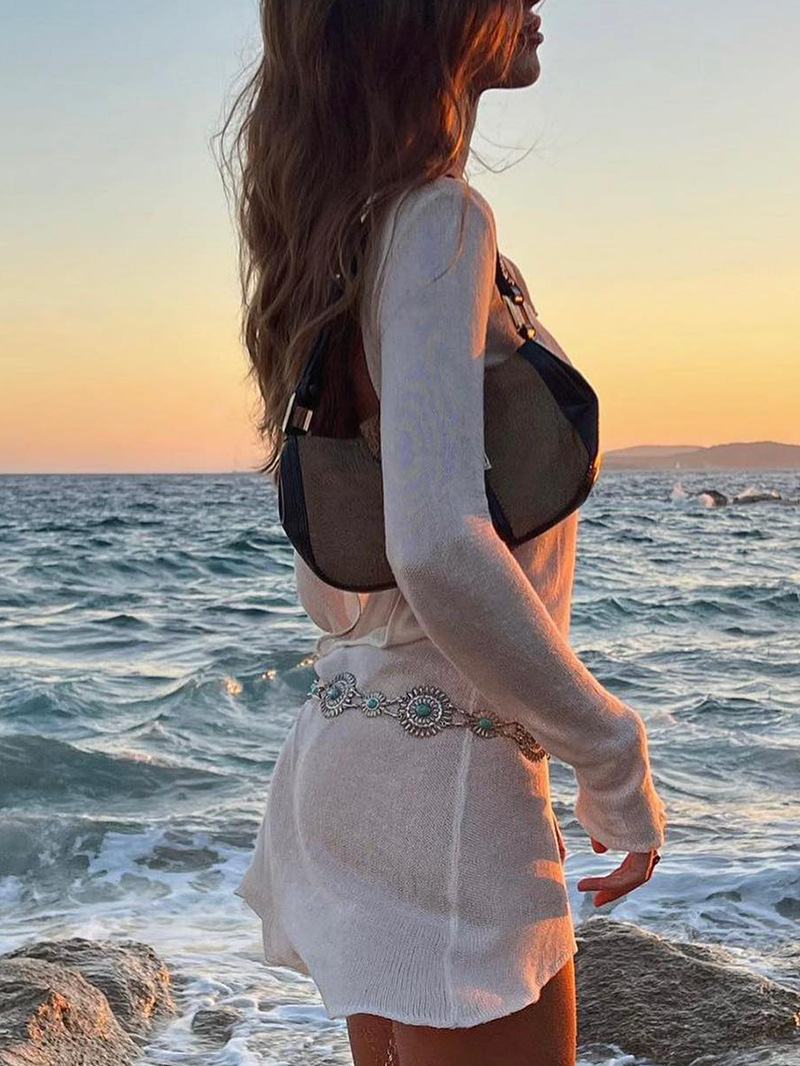 Ootddress White Summer Mini Dress Cover up Women Backless Beach Holiday Slim See-Through Dress Clothes Mesh Ladies Dress Cover up