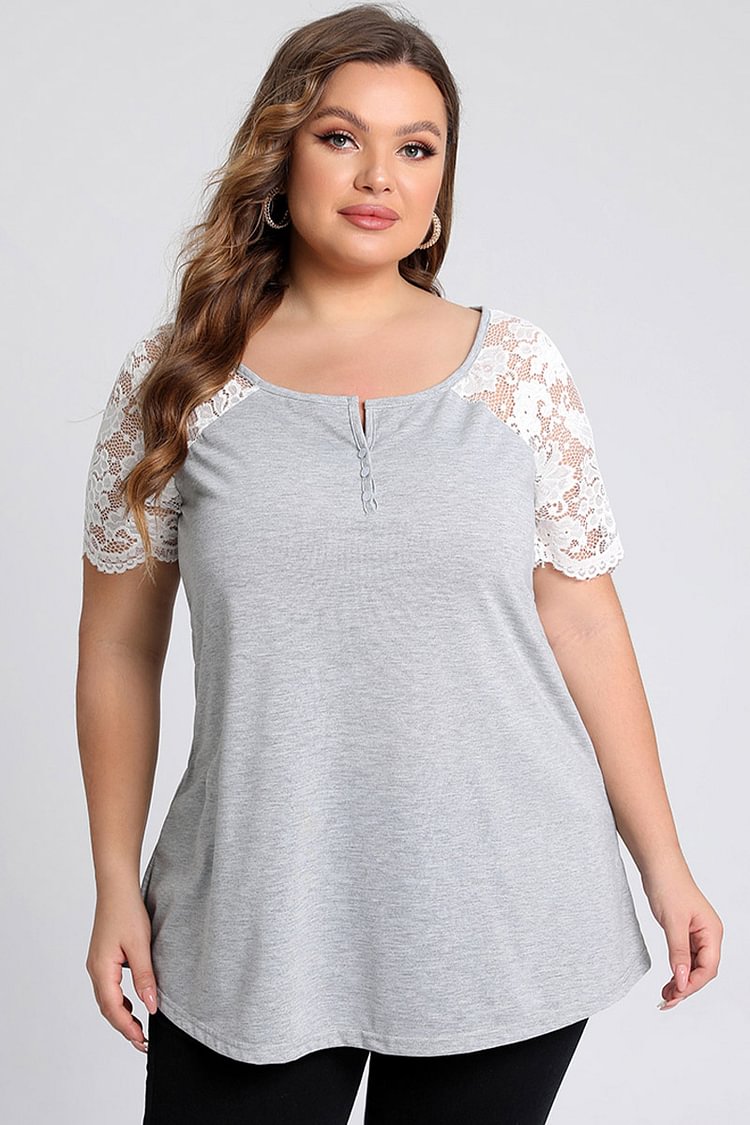 Plus Size Lace Stitching Button Up Square Neck Short Sleeve Loose Casual T-Shirt  flycurvy [product_label]