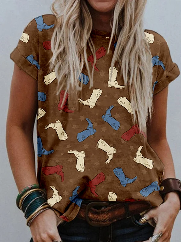 Western Cowboy Boots Pattern Crew Neck Comfy T Shirt