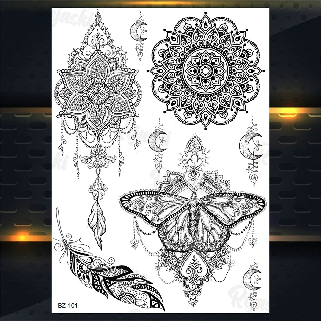 Sdrawing Elephant Pendant Temporary Tattoos For Women Men Lion Butterfly Snake Feather Fake Tattoo Sticker Glamour Back Body Tatoos