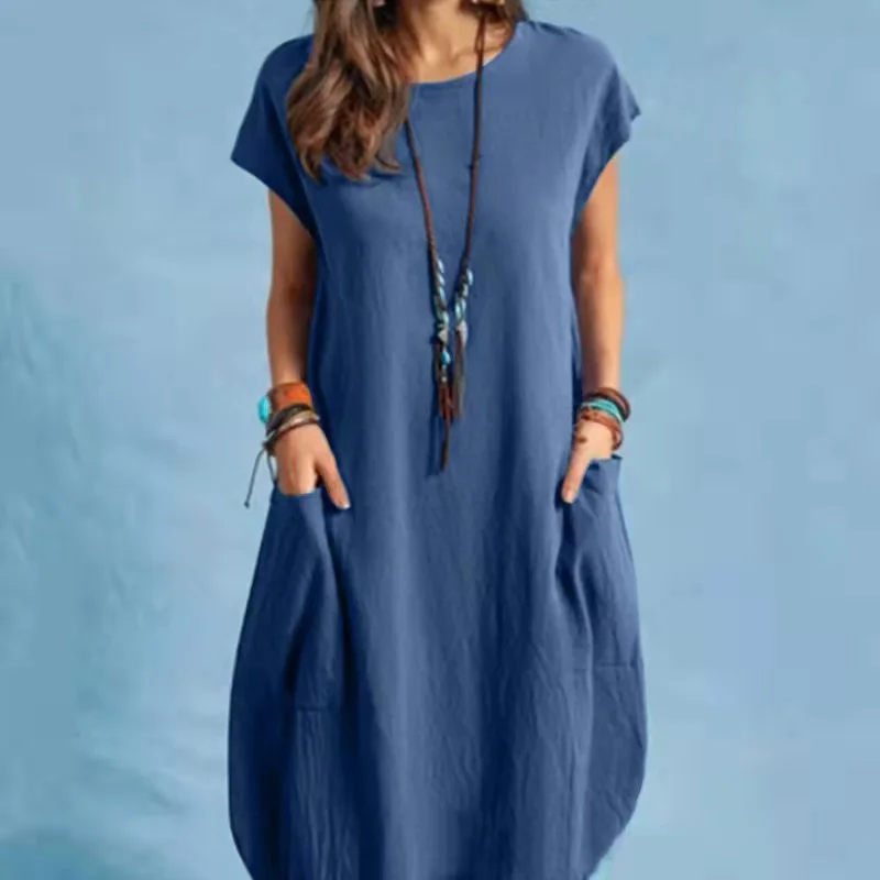 Comfortable Resort Cotton Linen Pocket Midi Dress