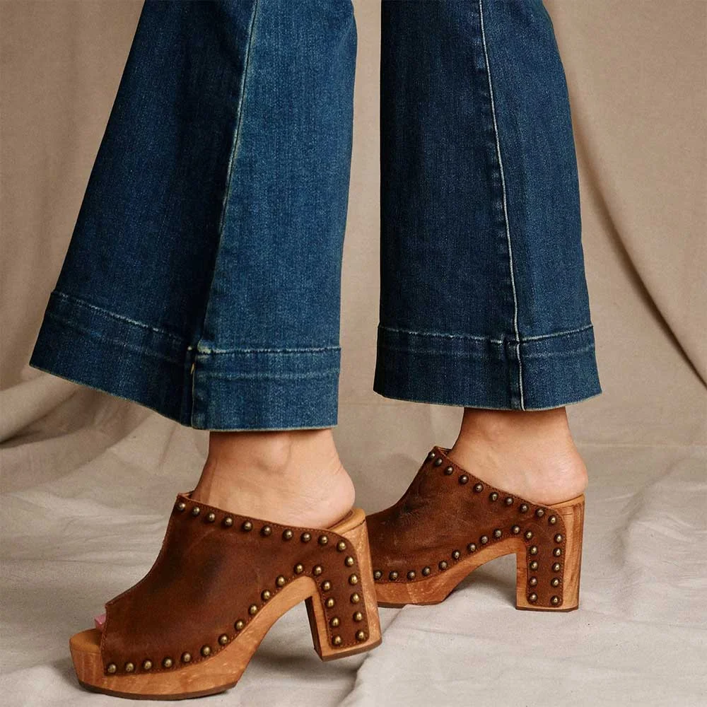 Peep Toe Block Heel Studded Clogs Brown Platform Slip On Sandals