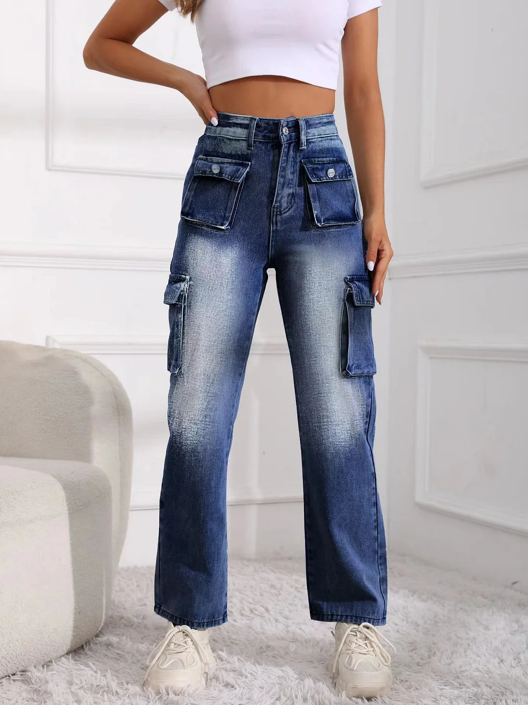 Women's Casual  Multi-pocket Loose Cargo Jeans for Ladies