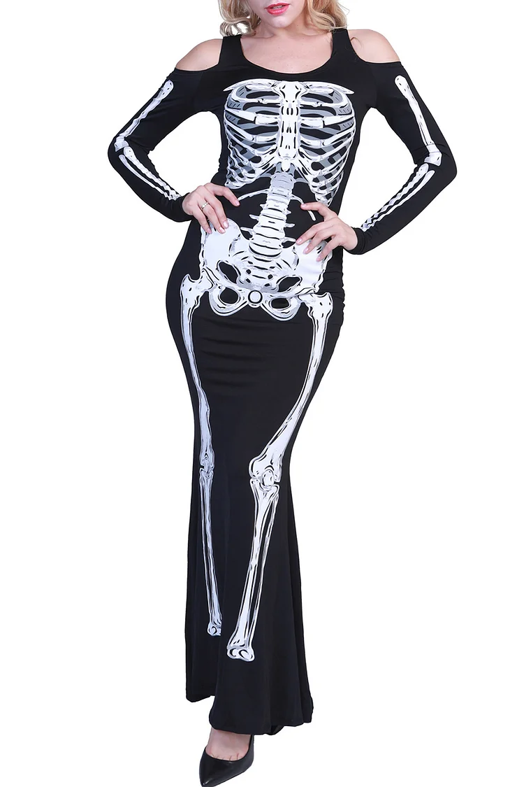 Gothic Black Party Skeleton Print Cold Shoulder Fishtail Maxi Dress