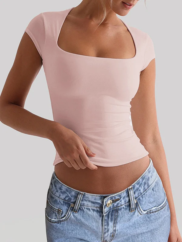 Solid Color Skinny Short Sleeves Square-Neck T-Shirts Tops
