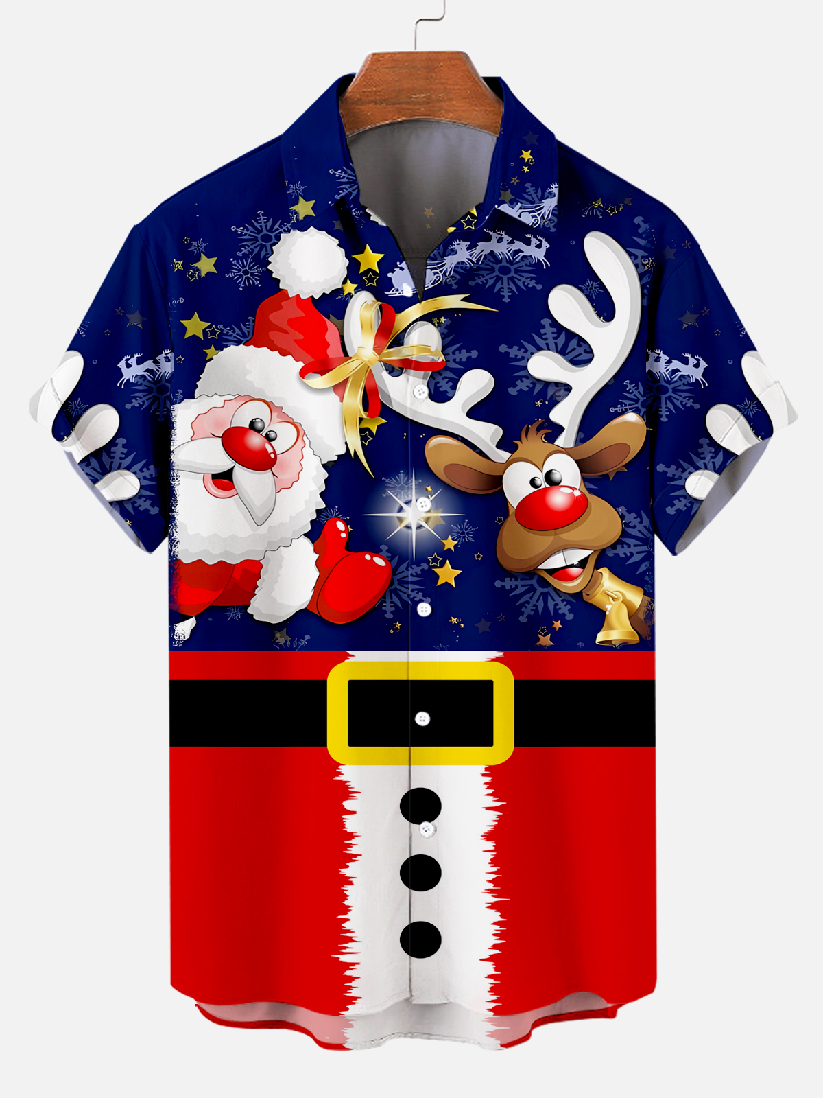 Christmas Santa Claus and Elk Patchwork Short Sleeve Shirt PLUSCLOTHESMAN