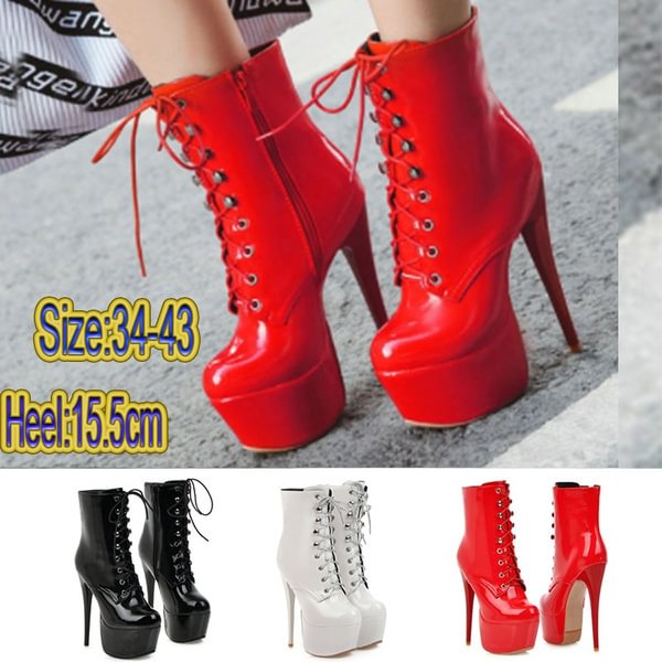 Winter Boots Women Sexy 15.5cm High Heels Platform Ankle Boots for Women Leather Red White Black Shoes Woman Large Size 43 - Life is Beautiful for You - SheChoic