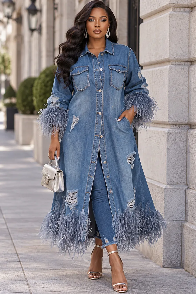 Xpluswear Design Plus Size Daily Blue Shirt Collar Long Sleeve Feather Ripped Denim Coat [Pre-Order] 2024 - Xpluswear