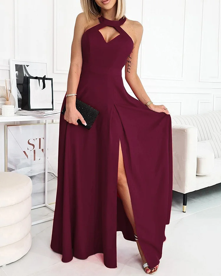 Round Neck Halter Neck Solid Color Dress