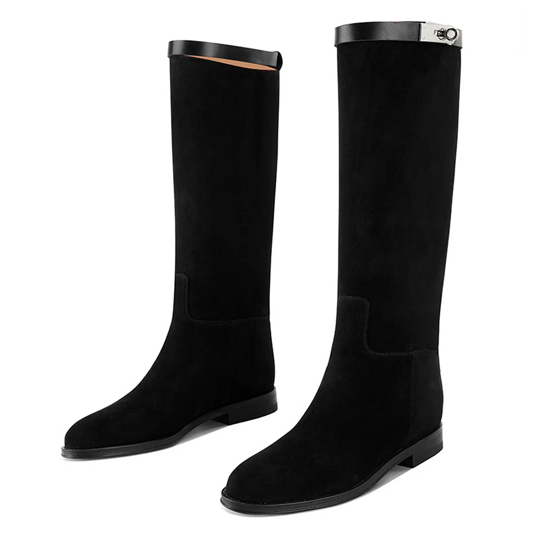 Elegant Black Knee High Closed Toe Flats Fashion Boots for Women