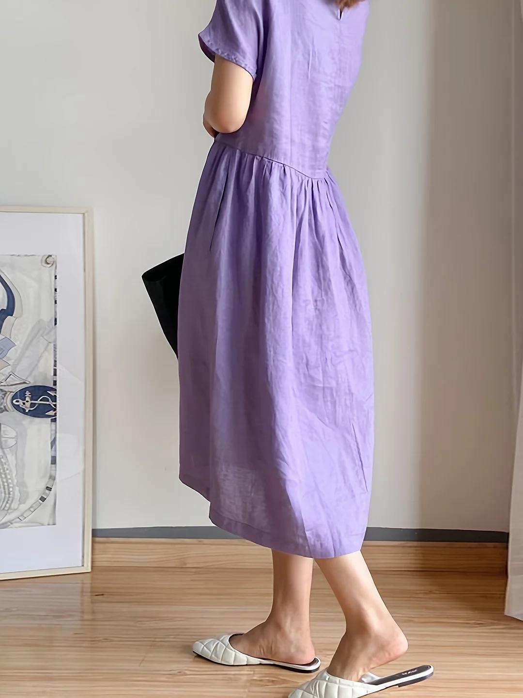 Women's Summer Midi Linen Dress - Short Sleeve, Round Neck, Solid Color, Casual Beach Style With 2 Pockets, Lightweight & Breathable For Warm Weather, Beach Dresse | IFYHOME