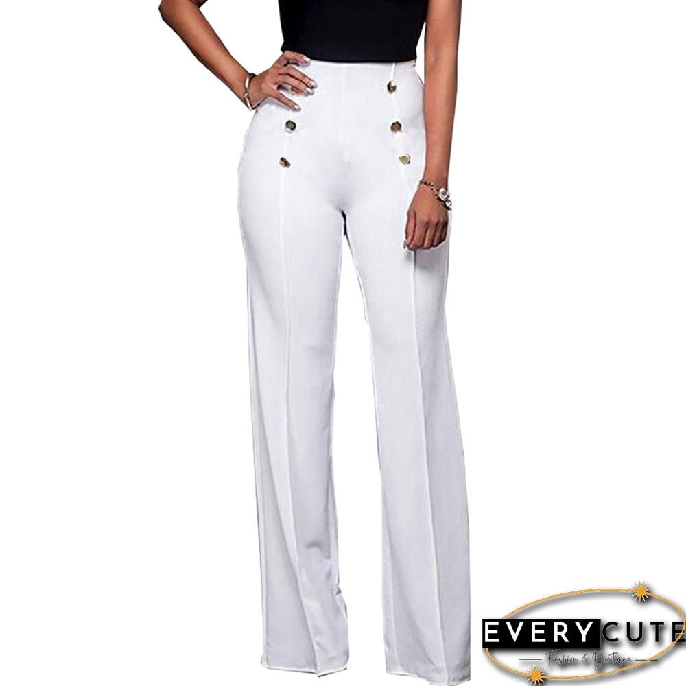 White Button Detail Casual Flare Pants
