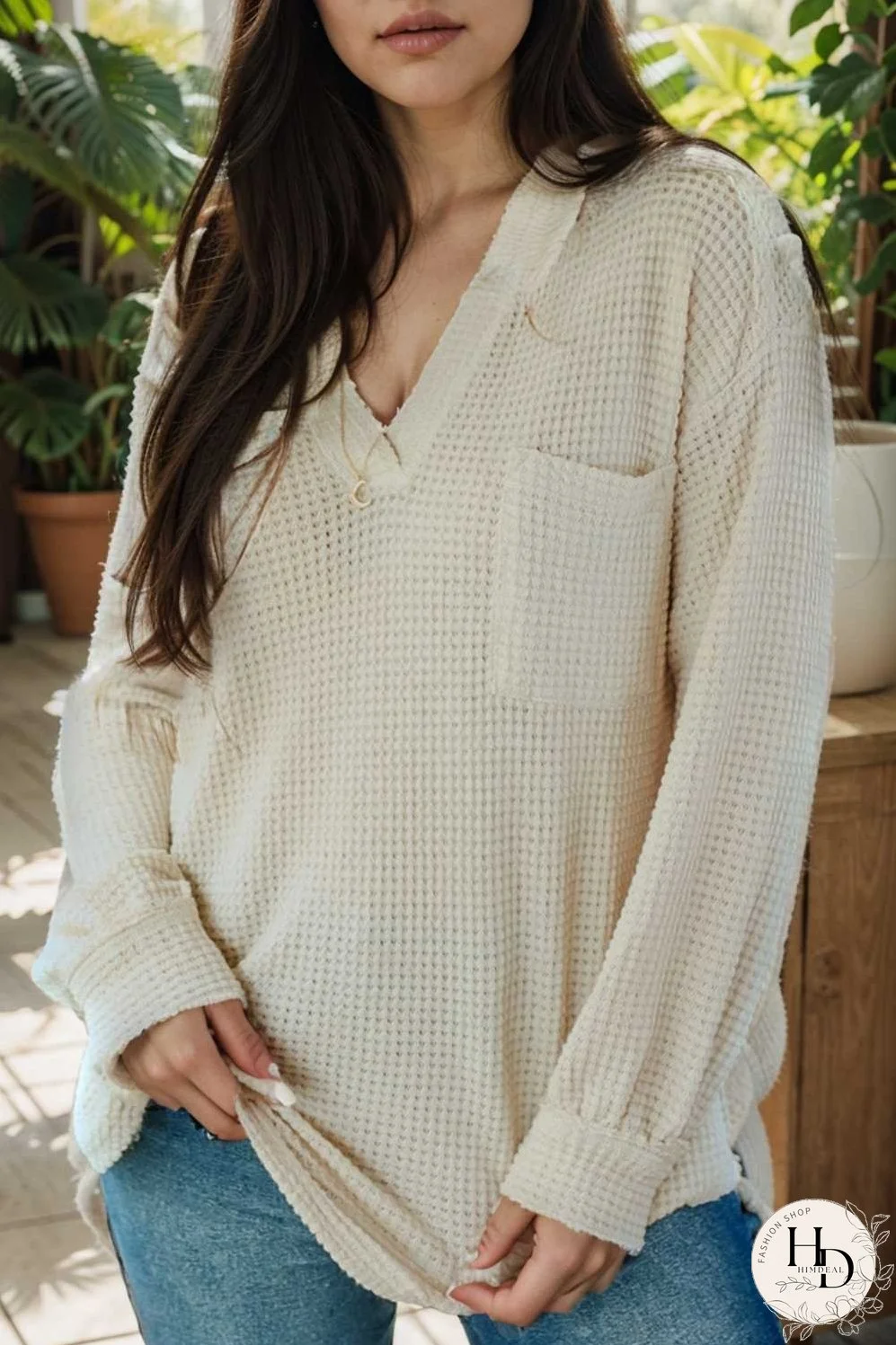 deep v neck long sleeve knitted sweater