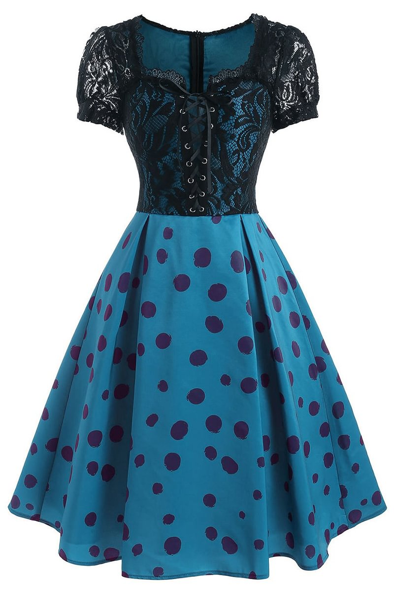 1950s Retro Lace Insert Lace Up Polka Dot Midi Dresses [Pre-Order]