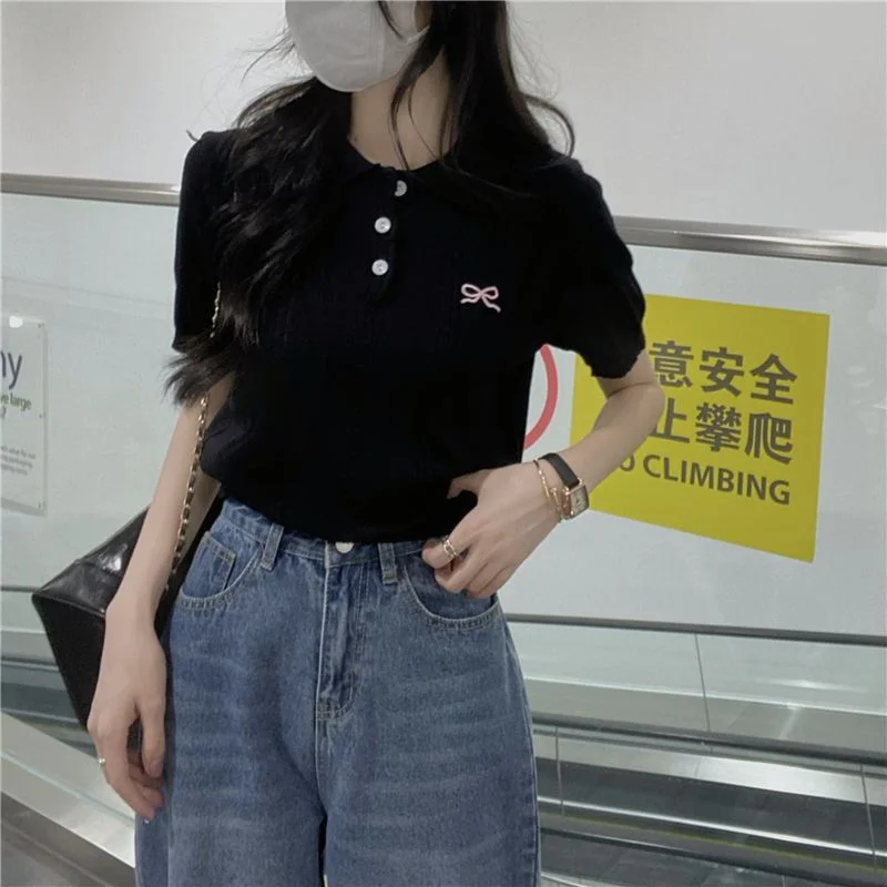 Uveng Uveng Of Arts And Arts Summer New Mahua Butterfly Embroidery Small Cicpic Design Sense Knitted Short Sleeve T-Shirt