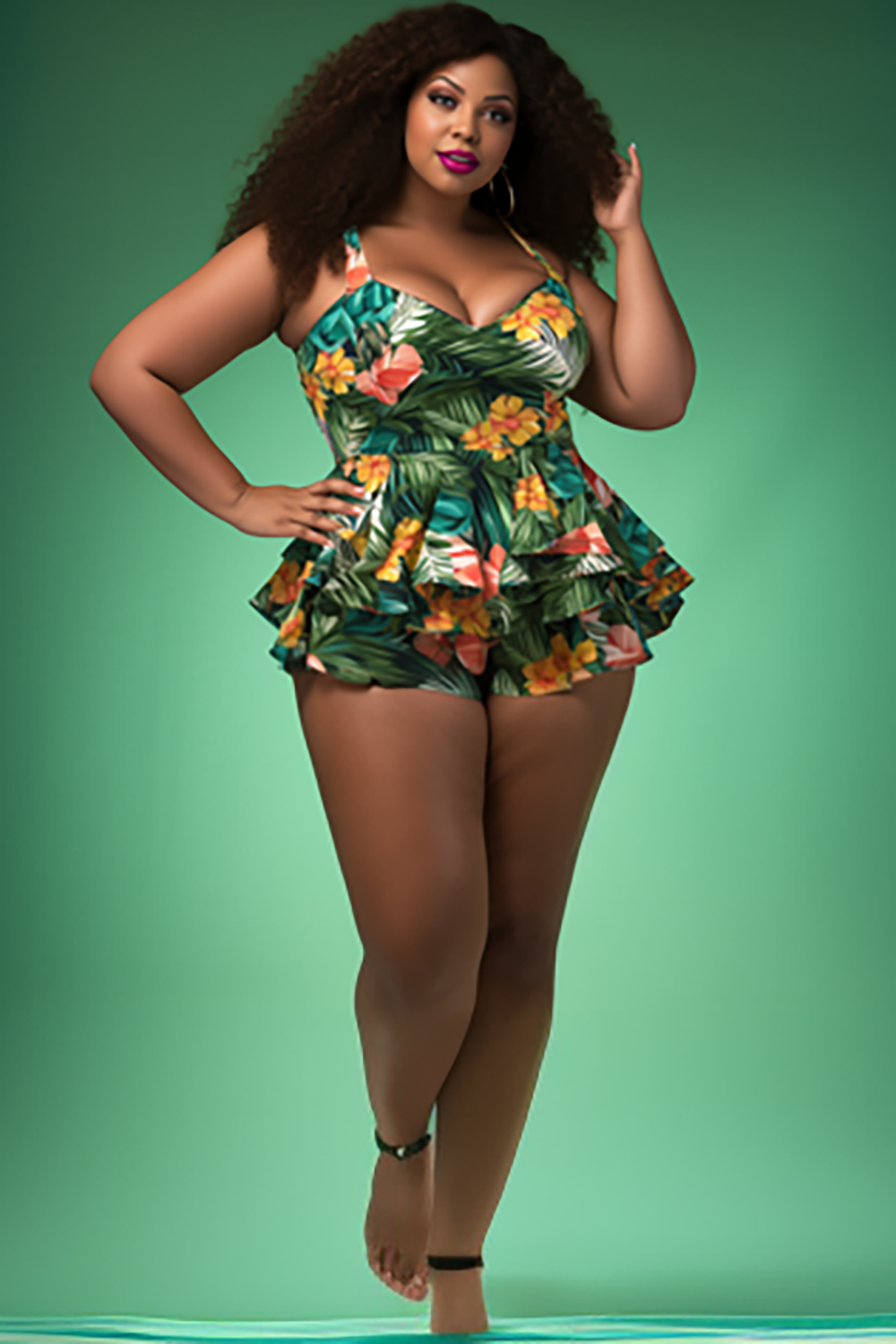 Design Plus Size Beach Green Tropical Print V Neck Ruffle Swimsuit Fabric One Pieces Swimwear [Pre-Order]