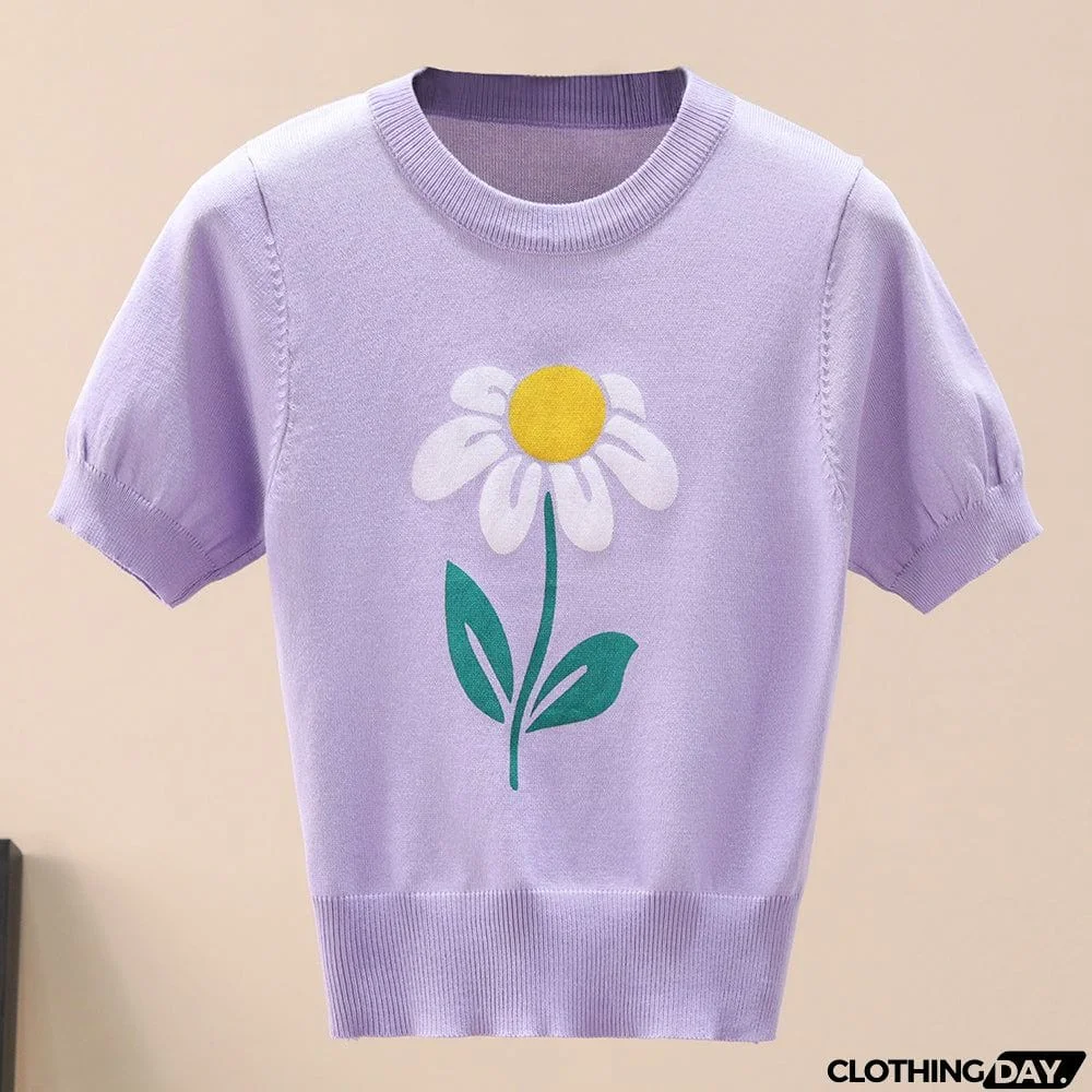 Flower Graphic Ribbed Trim Knit Top