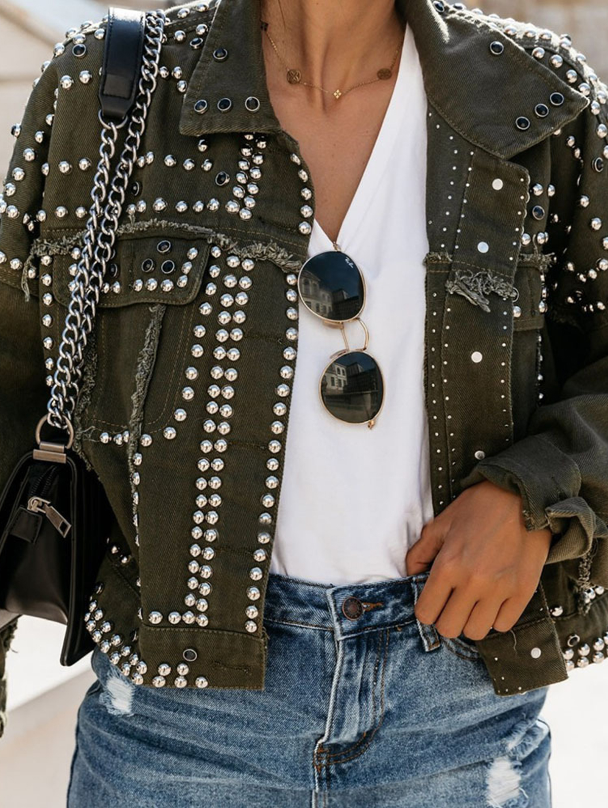 Punk Studded Lapel Collar Washed Denim Jacket