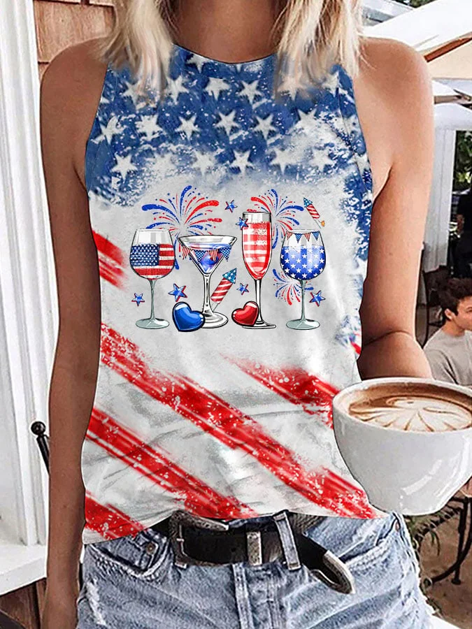 Women's Independence Day Red Wine Glass Flag Print Tank Top socialshop