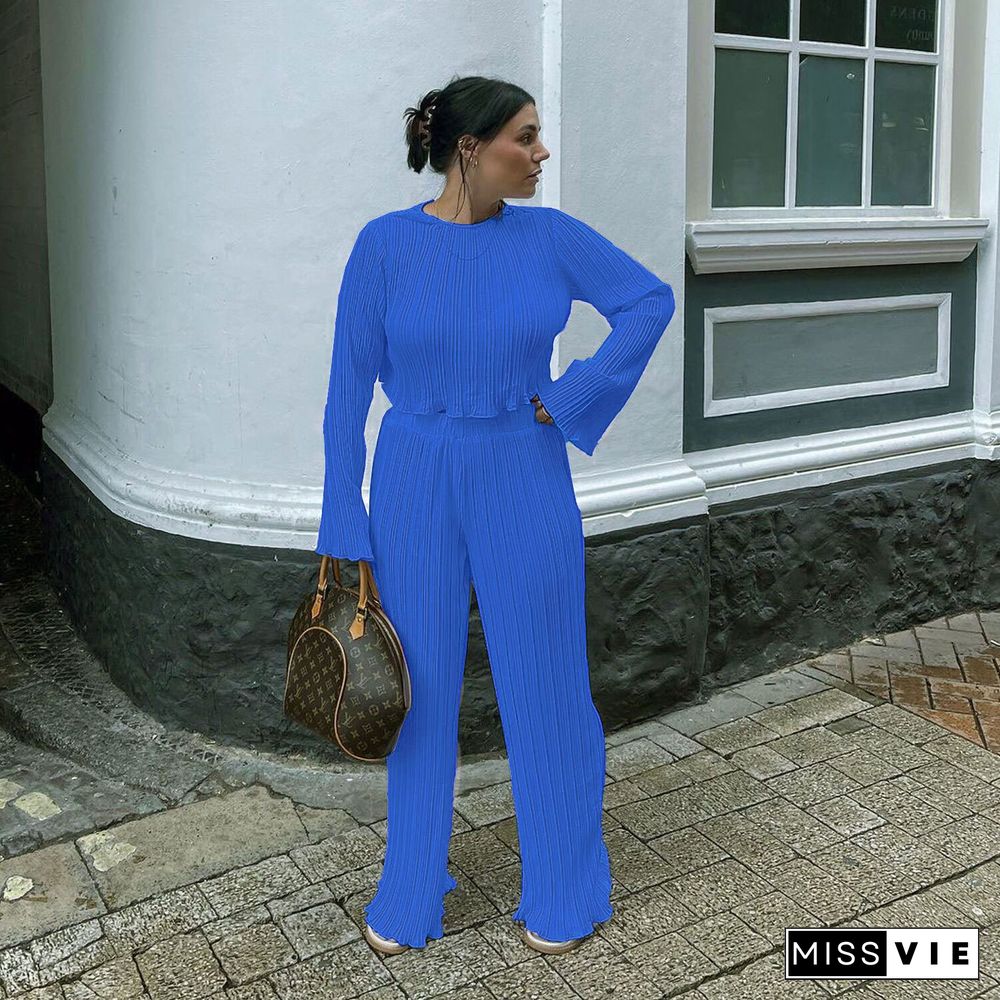 Pleated Loose Blouse Crop Top Wide Leg Pants Outfits