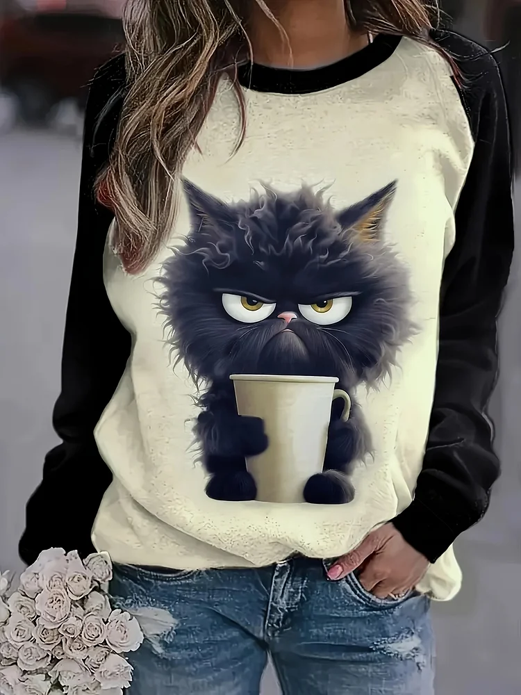 Women's Cute Print Sweatshirt - Allover Animal Design, Round Neck Long Sleeve, Medium Stretch Machine Washable Pullover, & Black Casual Top For Spring Summer Fall, Comfortable All-Season Wear, Fall Clothing, Playful Design, Soft Fabric