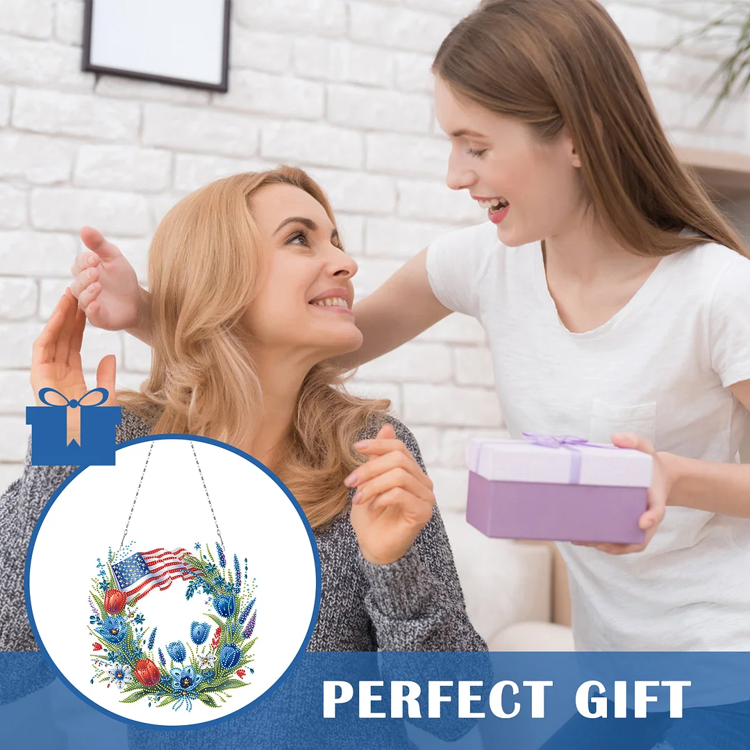 DIY Independence Day Wreath 5D Diamond Painting Dots Pendant for Window Wall