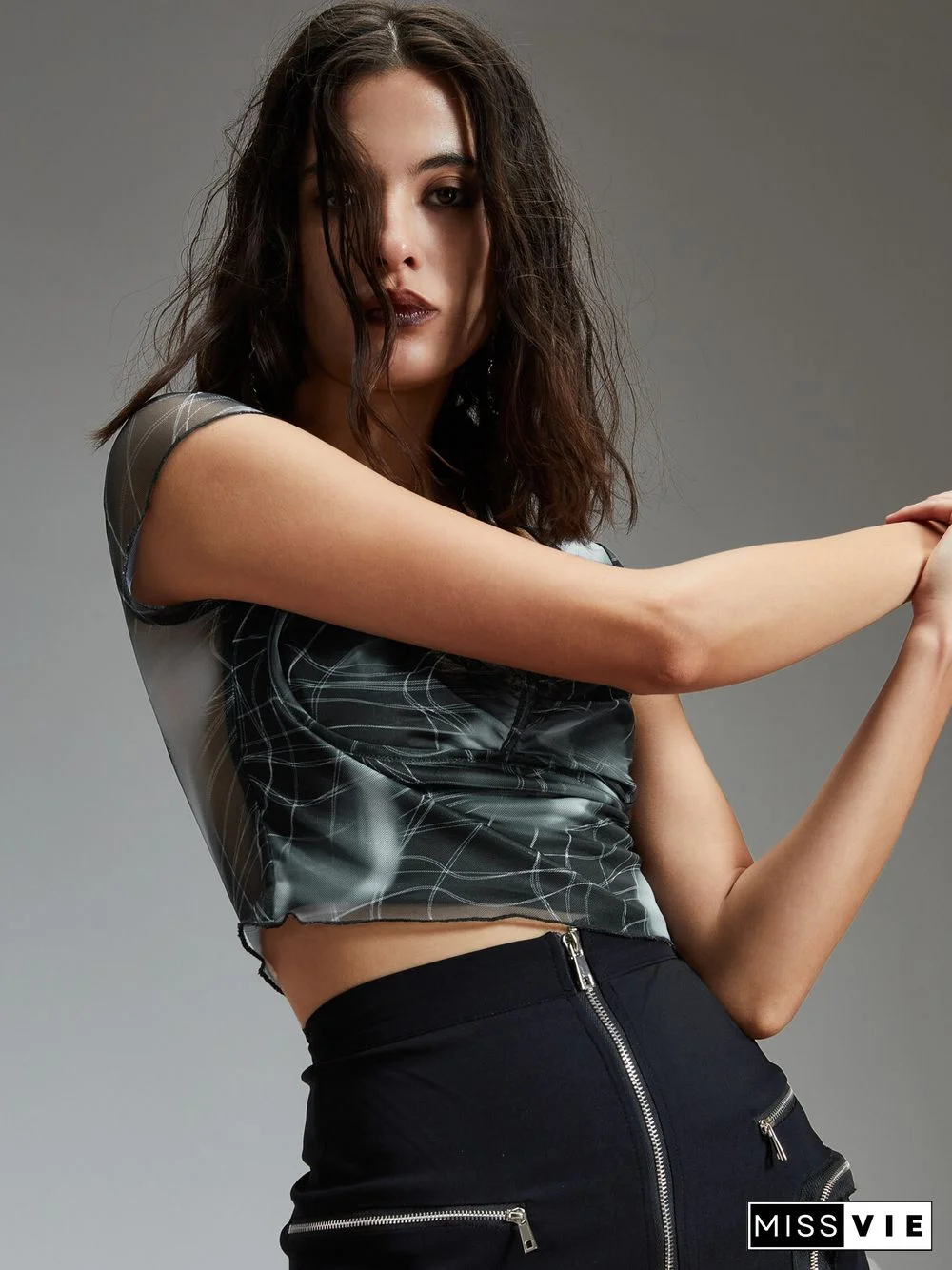 Print Lettuce Trim Short Sleeve Sqaure Collar Crop Top