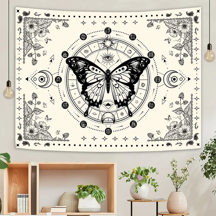Olivenorma Black Butterfly Moon Flower Beige Tapestry