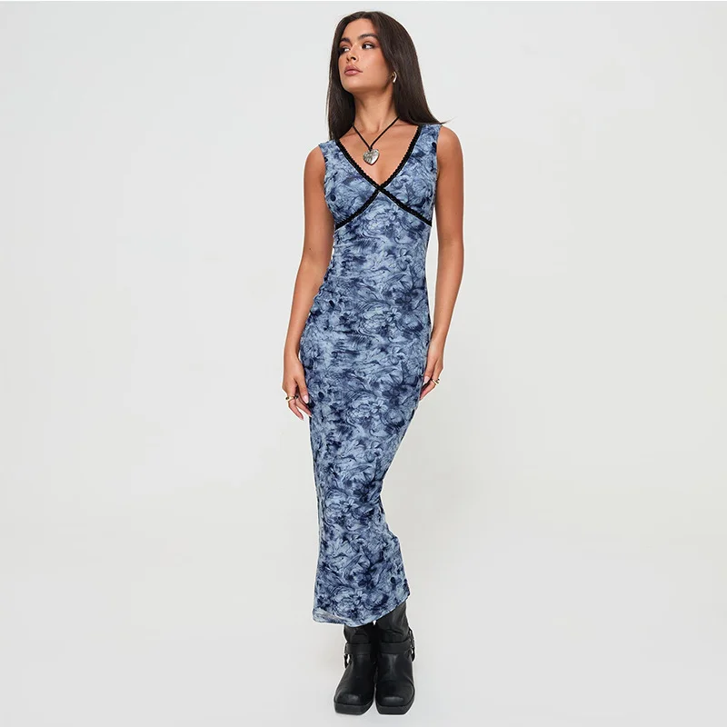 Uveng Uveng New Women's Fashion Retro Print Sexy Back Strap Slim Hip Dress