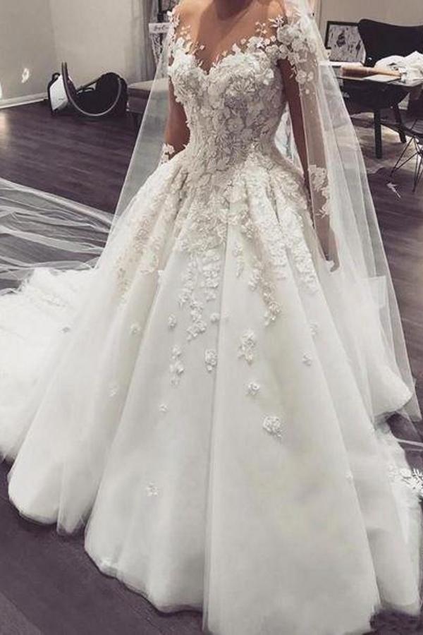 Daisda Elegant Bateau Long Sleeve A-Line Floor-length Wedding Dress ...