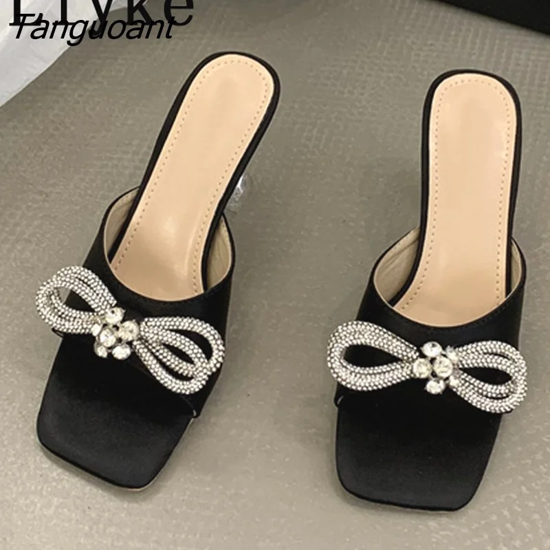 Tanguoant Summer Transparent Strange Low Heels Slippers Outdoors Fashion Crystal Bowknot Women Slides Shoes Party Dress Sandals Pink