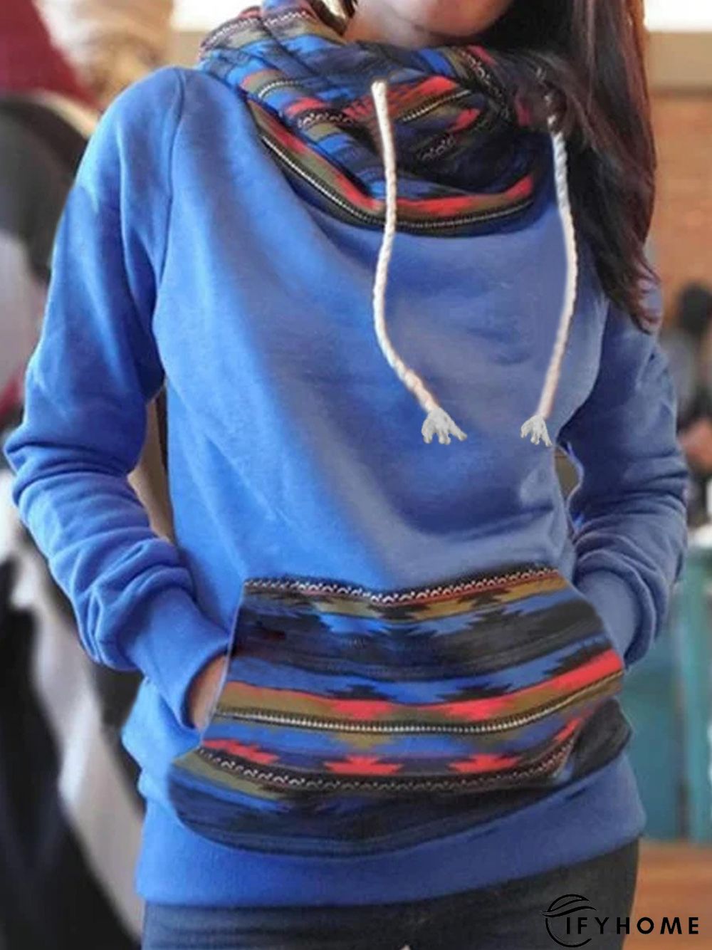 Blue Patchwork Hoodie Vintage Printed Sweatshirts | IFYHOME