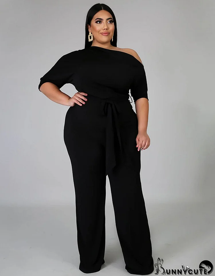 Plus Size Solid Plain Slash Shoulder Formal Jumpsuit