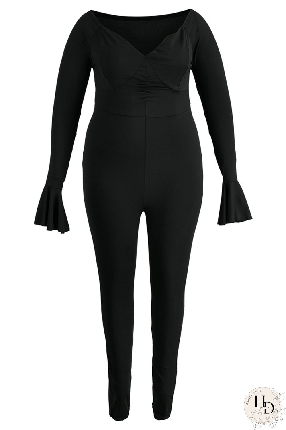 Black Sexy Solid Patchwork V Neck Plus Size Jumpsuits