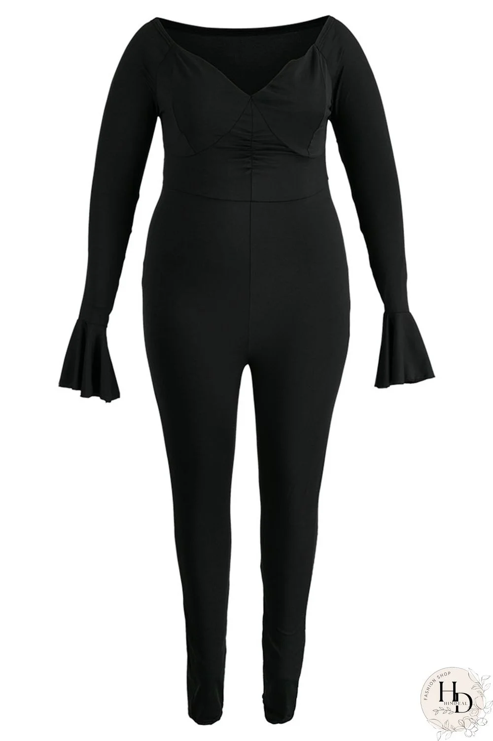 Black Sexy Solid Patchwork V Neck Plus Size Jumpsuits