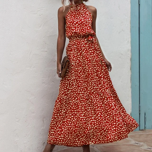 Summer Elegant Sexy Long Dress Women 2020 Fashion Print Flowers Polka-dot Strap Ladies Halter Boho Dress Cotton Vestidos Clothes