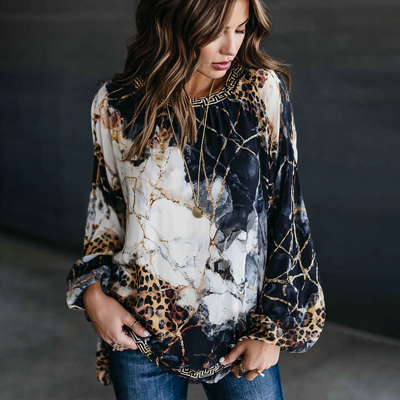Vintage Marble Art Pattern Leopard Print Art Linen Blend Loose Long Sleeve Tops elevenforest