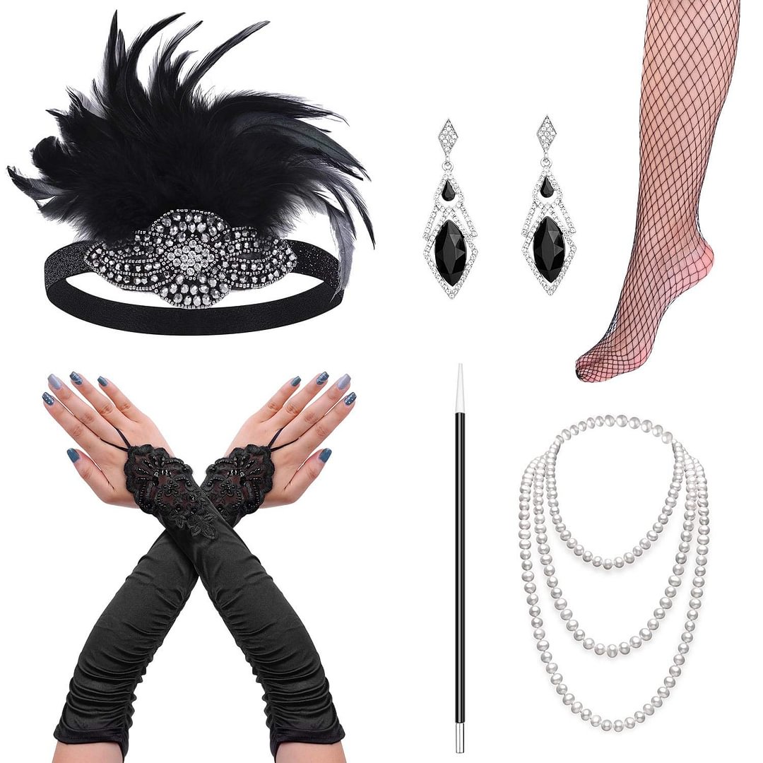1920s Gatsby Accessories for Women Includes Flapper Headbands  Necklace Gloves Black