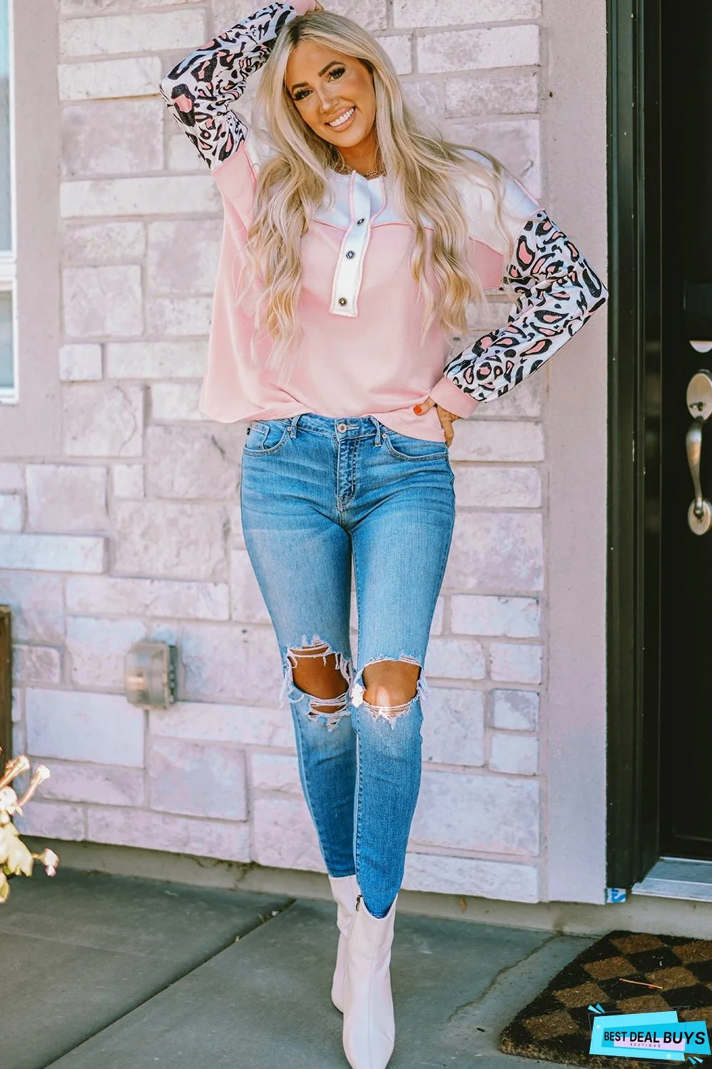 Sleeve Patchwork Waffle Knit Top