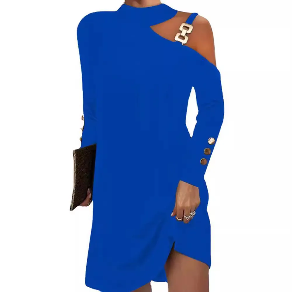 Uveng Uveng Explosion Autumn Simple Metal Buckle Hanging Neck Button Dress Women's Dress
