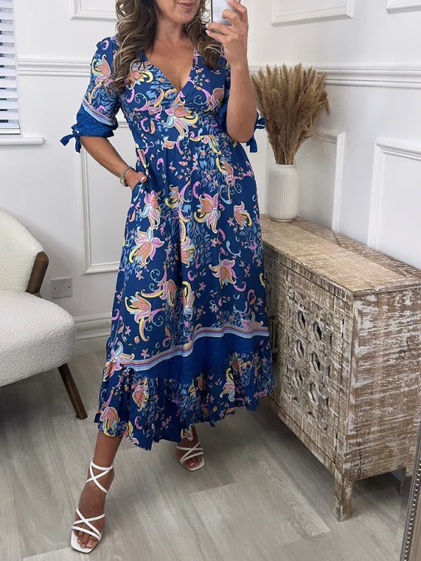 Bohemian Retro print V-neck Kimono Dress