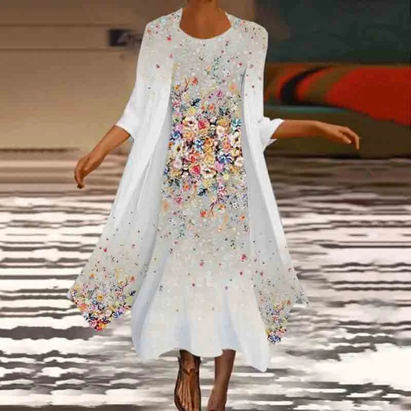 Fashion Floral Print Cardigan Two-Piece Dress