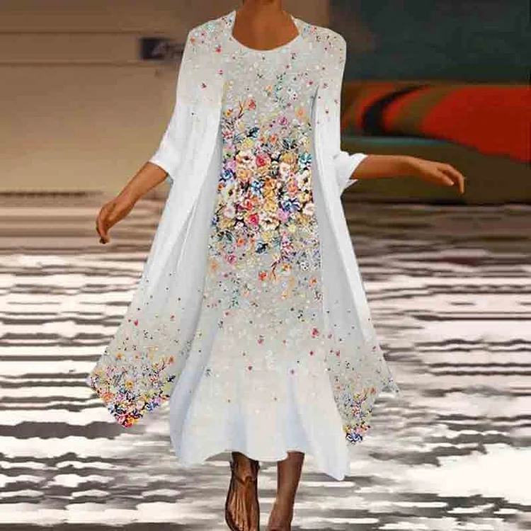 VChics Fashion Floral Print Cardigan Two-Piece Dress