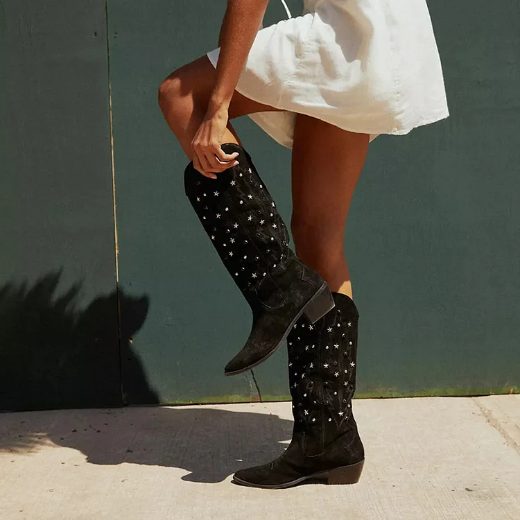 Pearl and Star Stud Embellished Embroidered Over the Knee Vegan Suede Studded Black Cowgirl Boots |FSJ Shoes