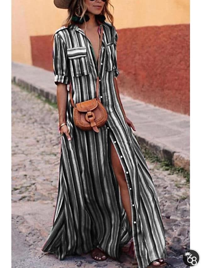 Women's T Shirt Dress Tee Dress Long Dress Maxi Dress Seven colors Black Blue Short Sleeve Button Shirt Collar S M L XL XXL XXXL | 168DEAL