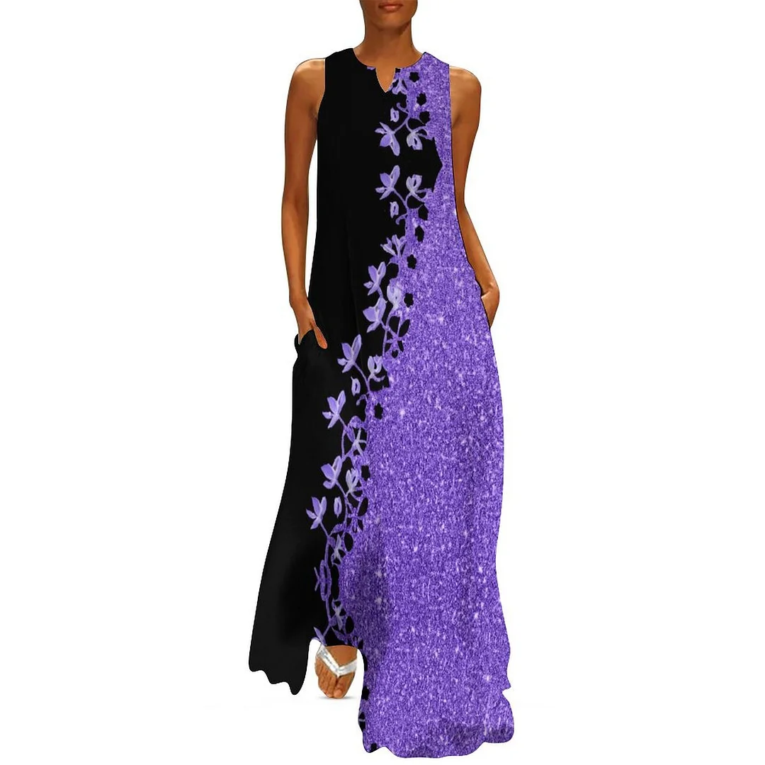 Style & Comfort for Mature Women Plus Size Printed Sleeveless Casual Women Maxi Dress with Pockets in Pattern Purple, Floral, Glitter