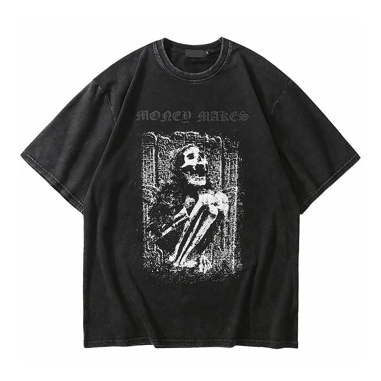 Hip Hop Washed Oversize Streetwear Skull Print T-Shirt at Hiphopee