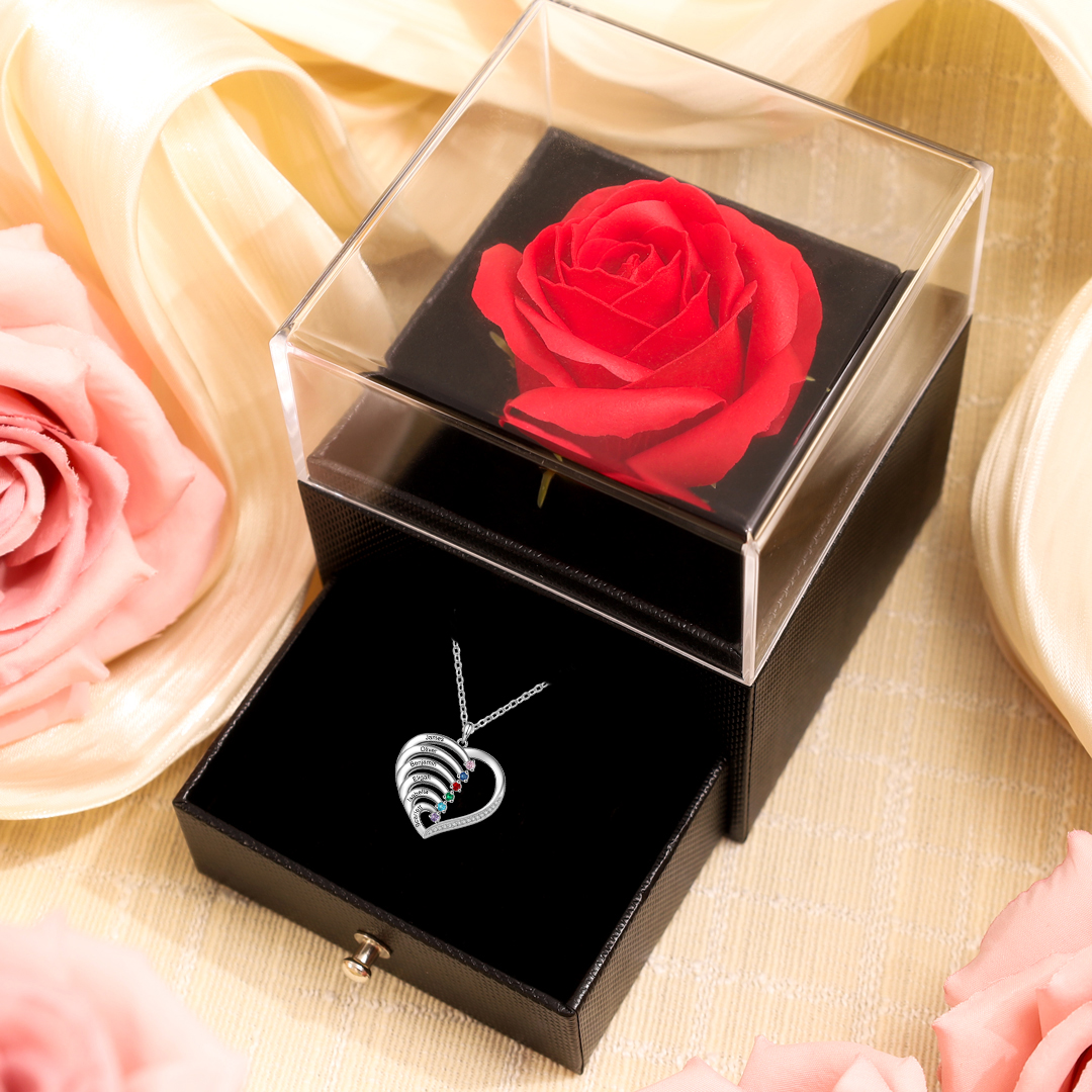 Argento S925 Collana con 6 nomi personalizzati e 6 pietre di nascita in ciondolo a cuore con scatola rosa
